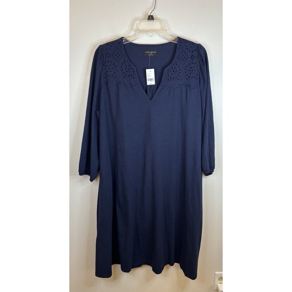 LANE BRYANT Eyelet Swing Dress 10/12 Navy Blue 3/4 Sleeve Knee Pockets Cotton